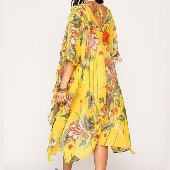 Gigio Yellow Floral Side Slit Kimono Lightweight Cover-up Cape XL - Picture 3 of 11